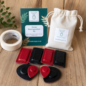 Home Biomagnetism Kit with magnets, ear magnets, medical tape, storage pouch and printed guide booklet.